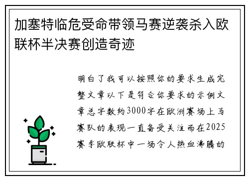 加塞特临危受命带领马赛逆袭杀入欧联杯半决赛创造奇迹
