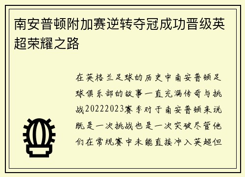 南安普顿附加赛逆转夺冠成功晋级英超荣耀之路 南安普顿附加赛逆转夺冠成功晋级英超荣耀之路